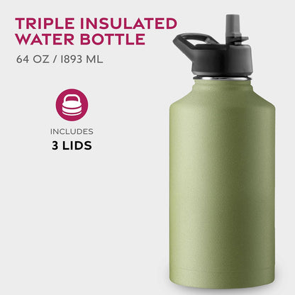FineDine Water Bottle - Stainless Steel Insulated Water Bottle with Straw Lid, Flip Lid & Wide-Mouth Cap - Keeps Hot and Cold - 25 Oz / 739ml - Dreamy Purple