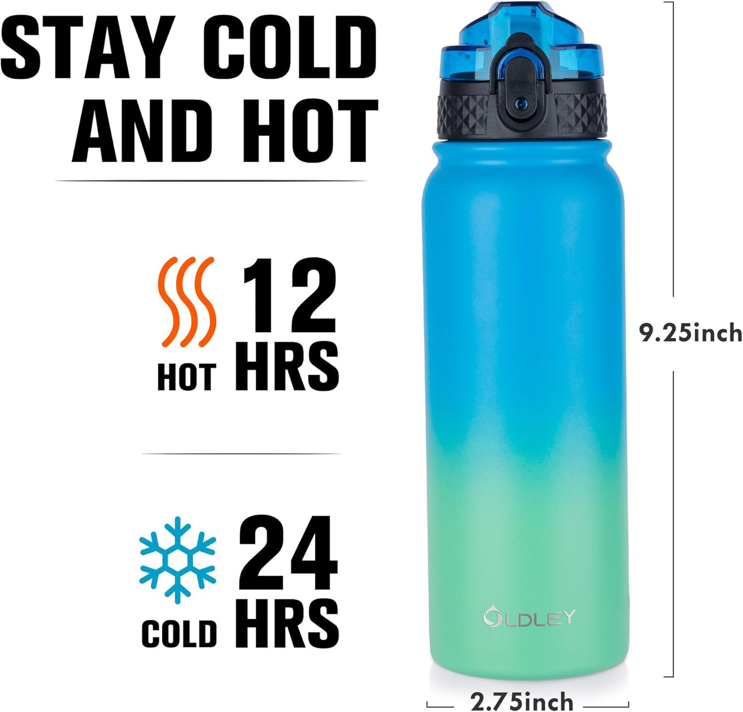 Oldley Insulated Water Bottle 20oz for Adults Kids Stainless Steel Water Bottles with Straw/Chug/Carabiner 3 Lids Fruit Strainer Double Wall Vacuum Wide Mouth BPA Free Leak-Proof for School Travel