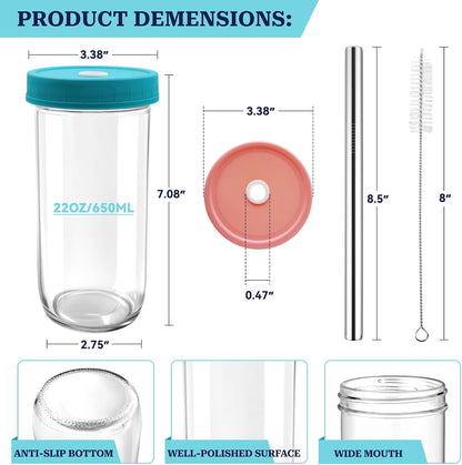 4 Pack Reusable Boba Cup 22OZ Wide Mouth Mason Jar Glass Cup - Iced Coffee & Smoothie Cups with Lids and Straws for Drinking Liquid, Milkshake, Boba & Matcha Tea