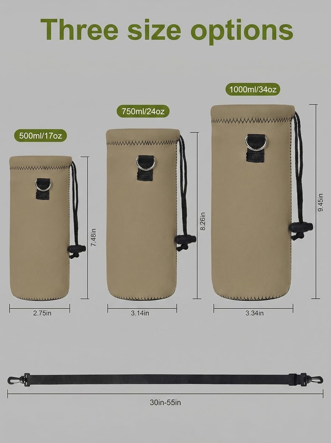 Neoprene 500ML/750ML/1000ML Water Bottle Bag Carrier, Portable Insulated Bottle Sling Holder Case Pouch with Adjustable Shoulder Strap for Men Women Walking Hiking Running
