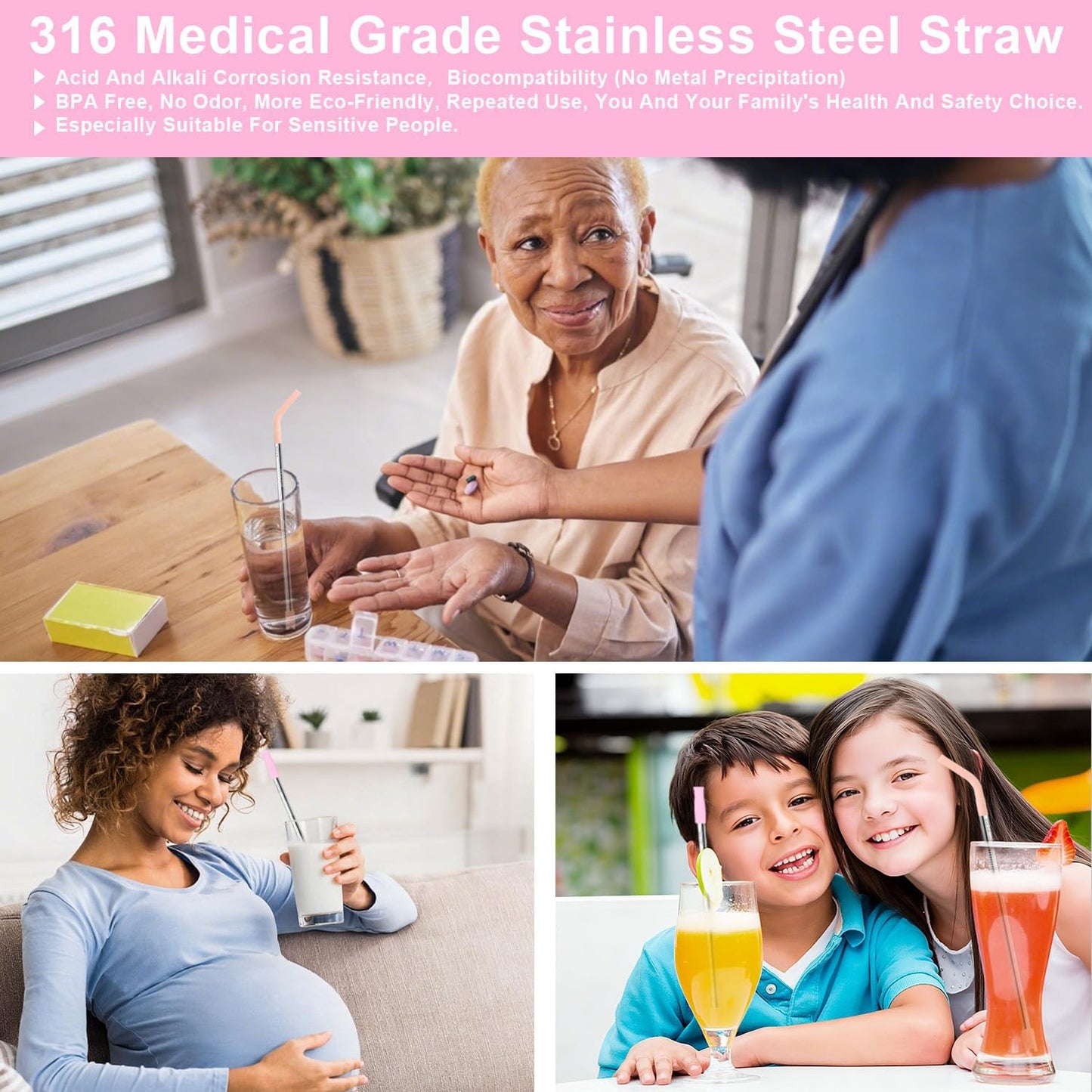 Reusable Stainless Steel Straws Set 6 PCS with 6 Silicone Tips, 2 Straw Brush, 1 Storage Case, Different Sizes of Metal Straws Reusable, Suitable for 14, 20, 30 oz Cups Tumbler, for Hot/Cold Drinks