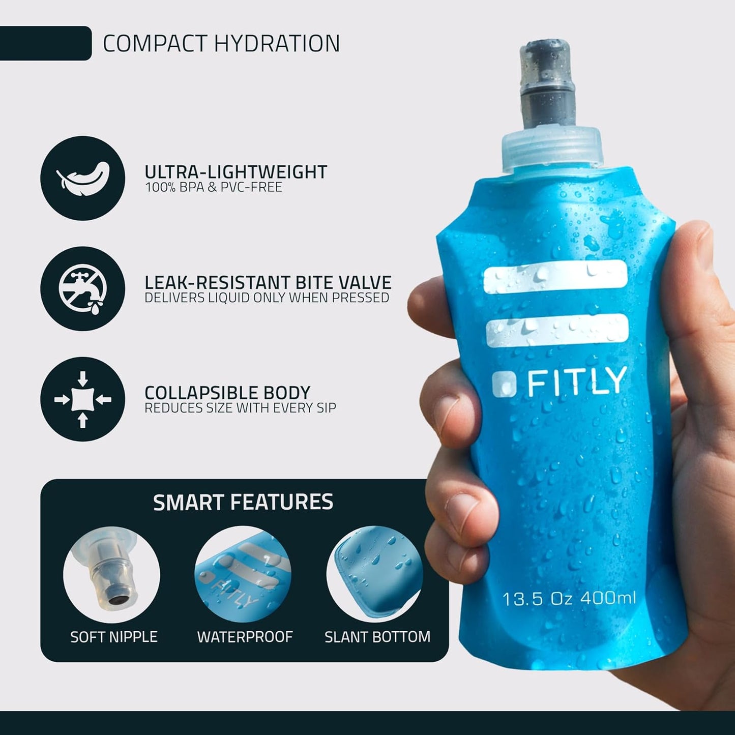 FITLY Soft Flask - Shrink As You Drink Soft Water Bottle for Hydration Pack - Folding Water Bottle Ideal for Running, Hiking, Cycling, Climbing & Rigorous Activity