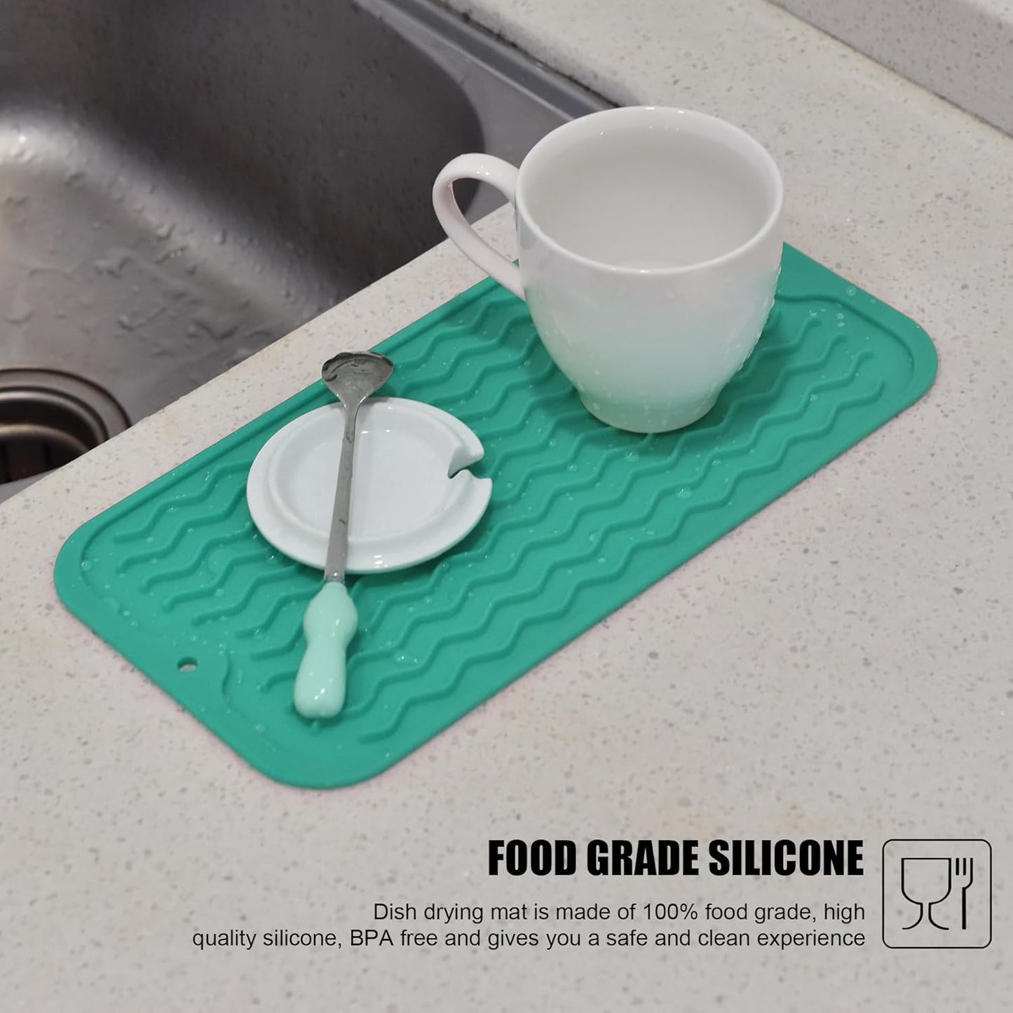 Silicone Dish Drying Mat, Non-Slip Easy Clean Sink Mat Large Heat-resistant Dish Drainer Mat for Kitchen Counter, Sink, Refrigerator or Drawer liner (12" x 6", BLACK)