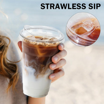 BYSNOW 100 Pack 16 oz Clear Plastic Cups with Lids, Disposable Iced Coffee Cups with Sip Lids, Sturdy Plastic Smoothie Cups for Cold Drinks