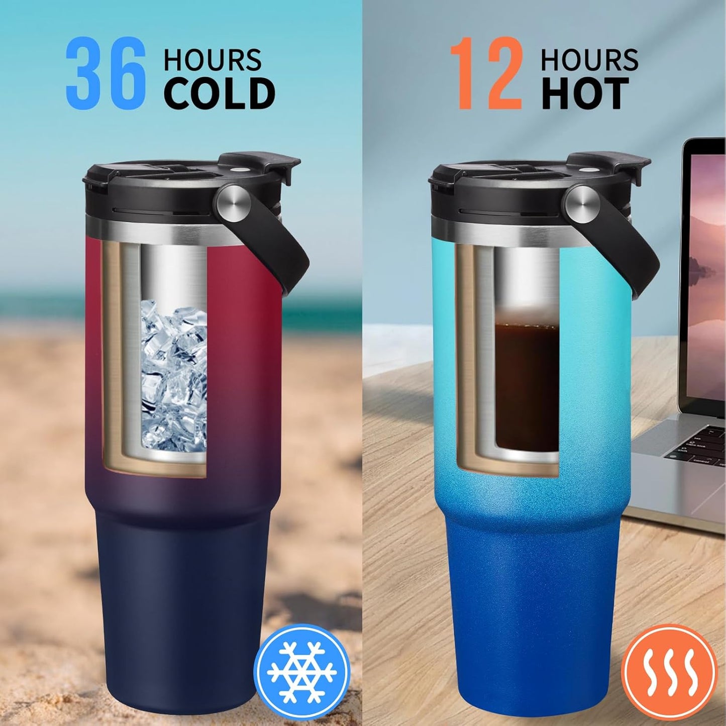 30 oz Tumbler with Handle and Straw - Keep Cold 36H & Hot 12H, Metal Coffee Cup with Lid (Straw & Flip Lid), 30oz Insulated Stainless Steel Thermal Mug, Leak-proof Travel Water Bottle