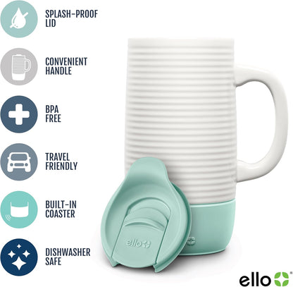 Ello Jane 18oz Ceramic Travel Mug with Handle, Splash-Resistant Slider Lid and Built-in Coaster, Perfect for Coffee and Tea, BPA Free, Dishwasher Safe, Gift for Him Her Mother's Day Birthday, Sandbar