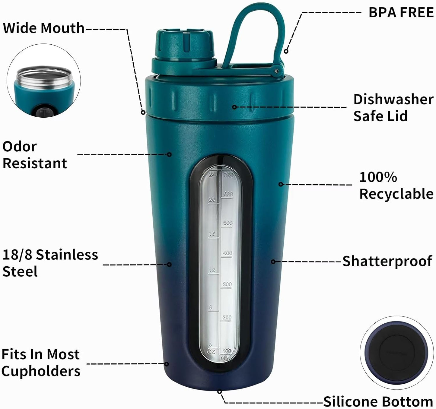 TOOFEEL Shaker Bottles for Protein Mixes 28 oz Stainless Steel Protein Shaker with 2 Mixing Ball, Not Stays Cold/Hot, Visible Window Metal Shaker Cups, Leakproof, BPA Free Bottle Shaker