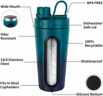 TOOFEEL Shaker Bottles for Protein Mixes 28 oz Stainless Steel Protein Shaker with 2 Mixing Ball, Not Stays Cold/Hot, Visible Window Metal Shaker Cups, Leakproof, BPA Free Bottle Shaker