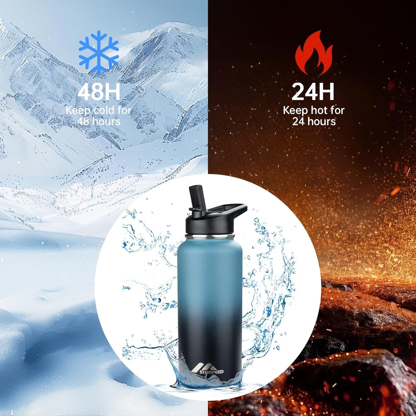 StarSpeed 32oz Insulated Water Bottle with Straw Lid, Stainless Steel Double Walled Vacuum Water Flask, Wide Mouth Sports Water Bottle for Gym Camping Hiking, Indigo Black