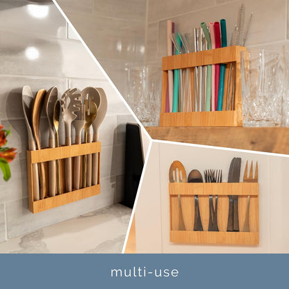 AURA Straw Holder Cabinet Organizer with Compartments, Kitchen Organization for Reusable Straws, Pantry, Office Supplies, 9.5 inches x 6.5 inches x 1 inch, Food-Safe Plastic, Bamboo