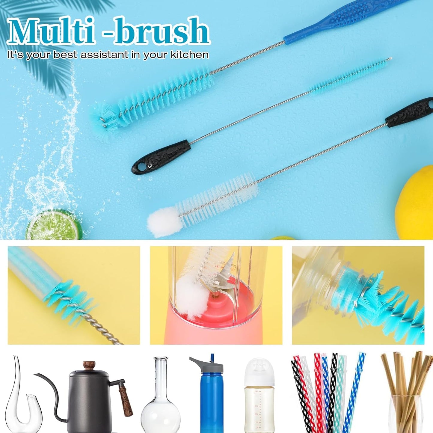 5 Pack Bottle Cleaning Brush Set, Stainless Steel Scrub Cleaner Brush with 14'' Long Handle and 3 Straw Brushes, Flexible for Cleaning Sport Water Bottles, Straws, Coffee Mug, Cups, Baby Bottle