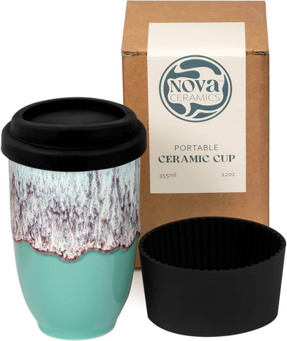 NOVA CERAMICS Coffee Tumbler – Travel Mug - On the Go Coffee Mug – Microwave & Dishwasher Safe Green Coffee Tumbler - Gifts For Women Men Him Her – 16oz – Monsoon