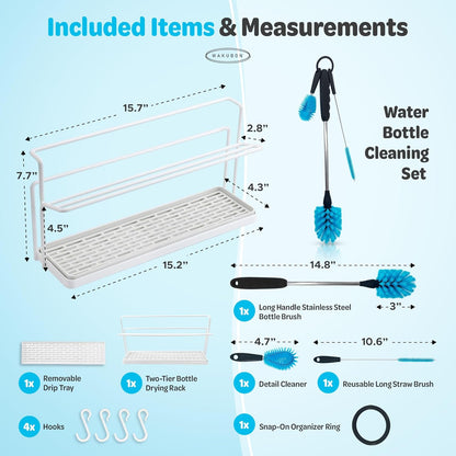 Water Bottle Drying Rack for Kitchen Counter – Cup Drying Rack, Tumbler, Mug & Glass Drying Rack Drying Rack, 2 Tier with Drain Tray and Cleaning Brush Set (Black)
