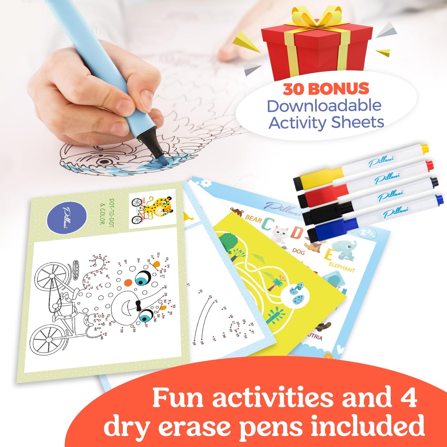 PILLANI Kids Travel Tray for Car - Car Seat Tray with Activity Sheets & Pens, Road Trip Essentials for Car & Airplane, Must Have Toddler Travel Lap Desk Accessories - Road Trip Activities for Kids
