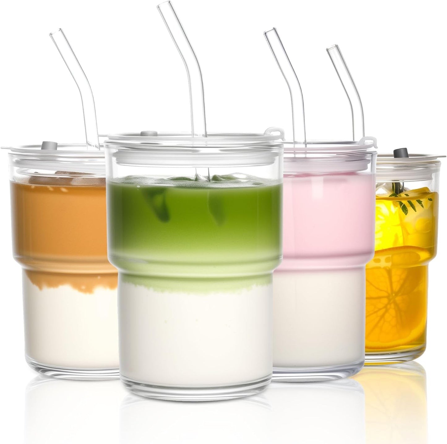 15oz Iced Coffee Cups with Lids Reusable,2Pcs Glass Matcha Cups,Glass Cups with Lids and Straws,Clear Glass Coffee Tumbler for Drinking Water,Tea,Juice