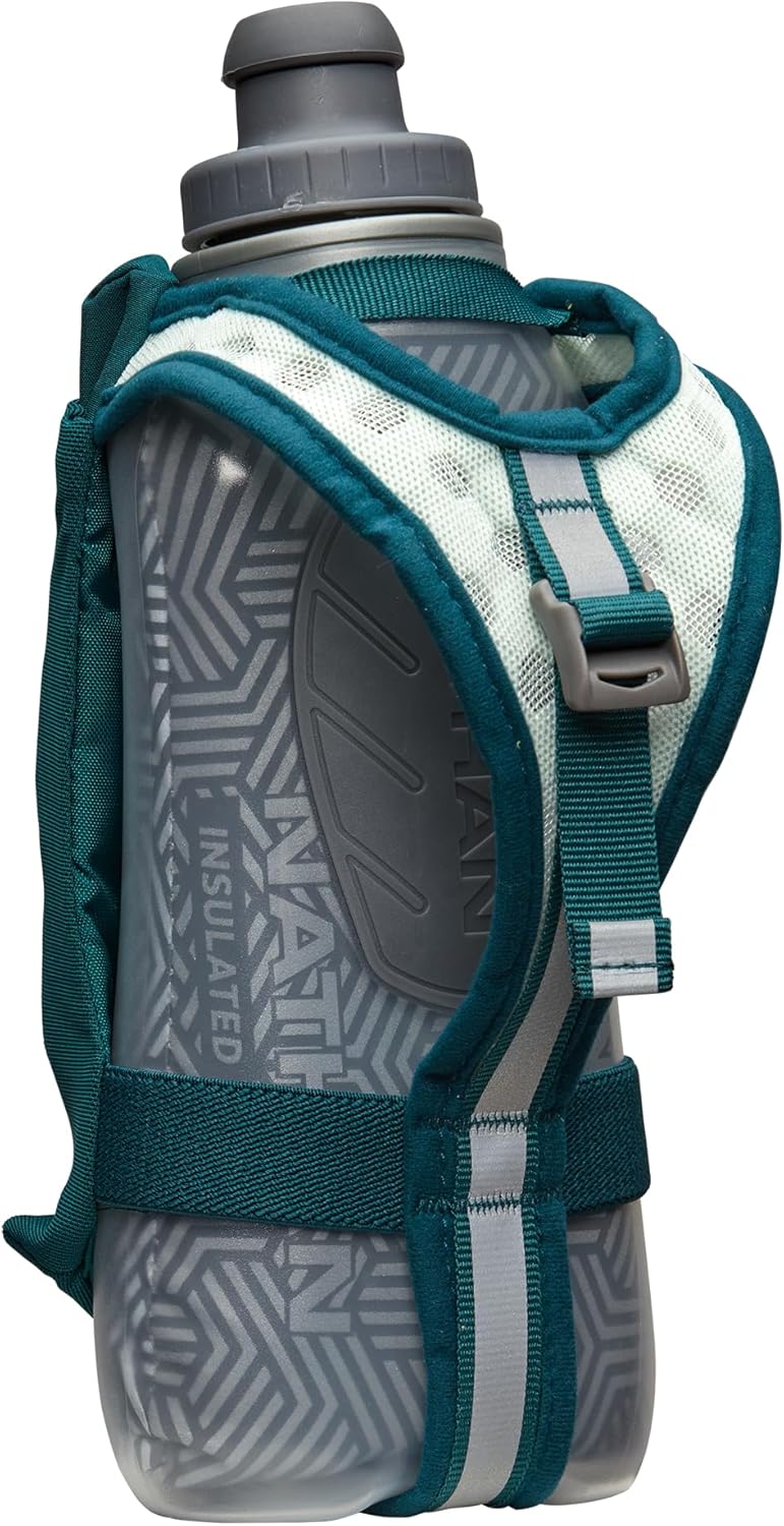 Nathan SpeedDraw 2 Insulated Handheld Running Water Bottle Flask 18oz – Double-Wall Insulation, Ergonomic Grip, Blast Valve Cap, Phone & Key Storage Pockets, Reflective Design