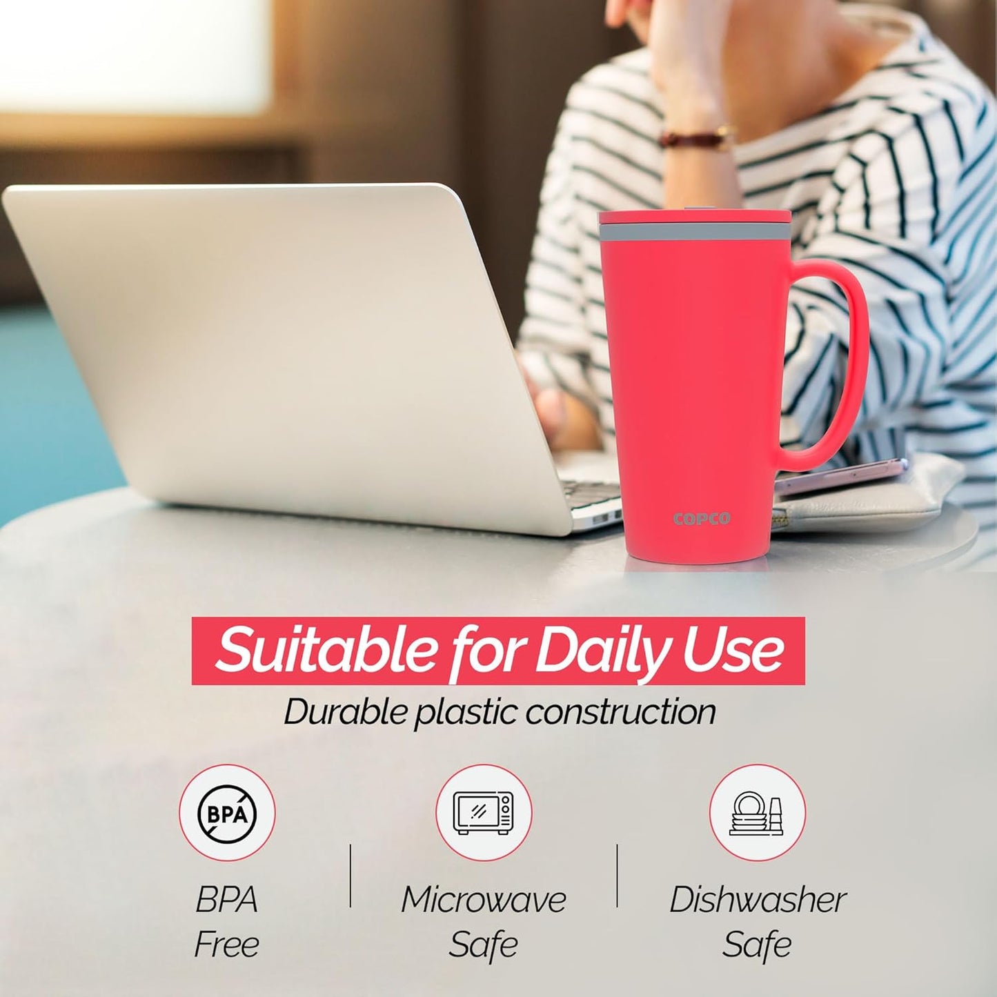 Copco Cone Desk Mug, 16 oz - Double Wall Insulated Coffee Mug with Twist-Off Lid, Handle & Slide Tab - Travel-Friendly Cup for Hot or Cold Drinks, BPA-Free, Microwave & Dishwasher Safe (Brown)