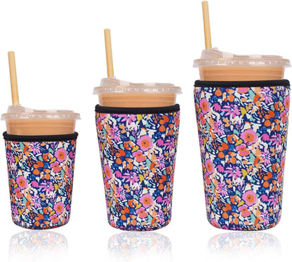 Reusable Insulated Neoprene Iced Coffee Cup Sleeve, Durable Drink Sleeve for Cold Beverages, Beverage Holder for Iced Coffee, Floral Checkers