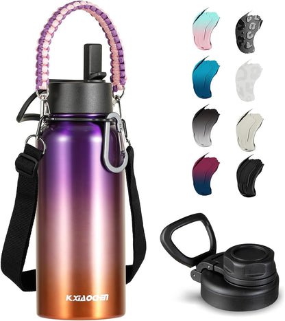 KXIAOCHEN Insulated Water Bottle With Strap, Cold For 48 Hrs Leak Proof, Triple Wall Stainless Steel Sports Water Bottle With Straw And Spout Lid For Gym Hiking Travel