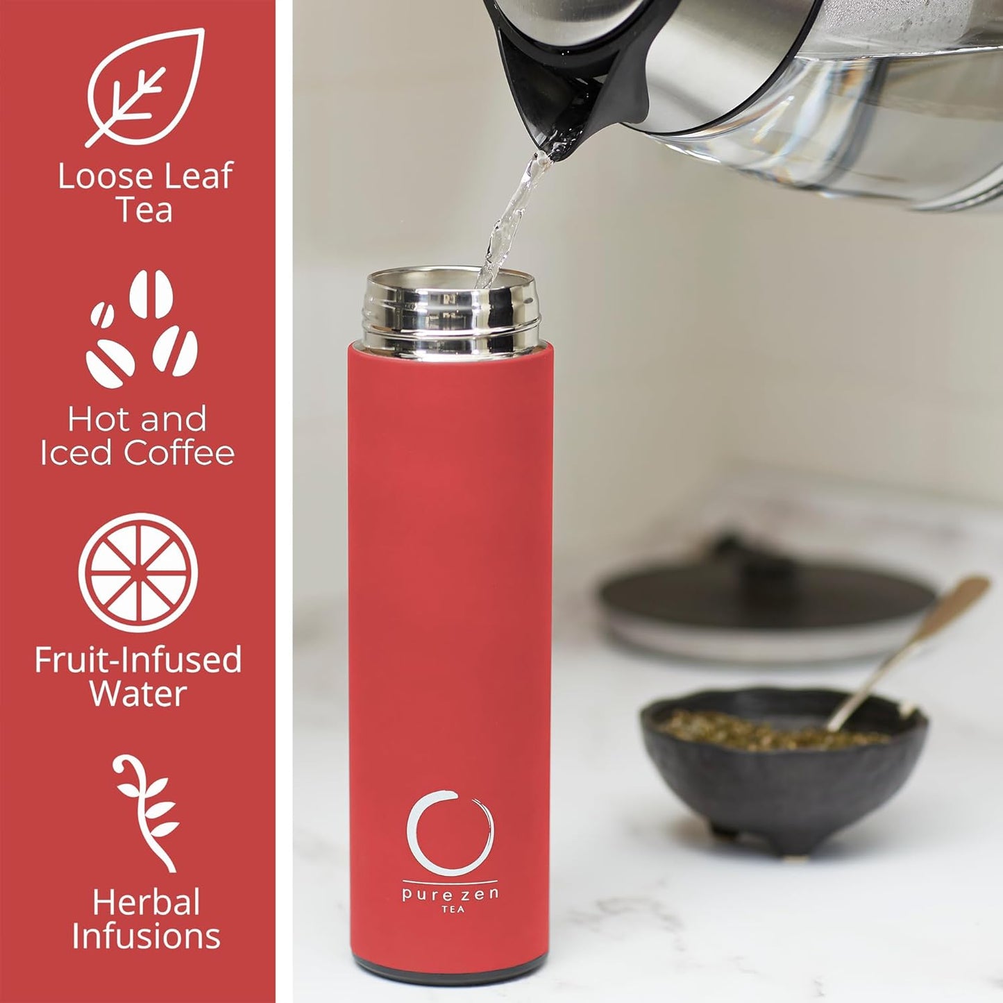 Pure Zen Tea Thermos with Infuser for Hot and Cold Infusions - Stainless Steel - Tea Infuser Bottle - Leakproof Travel Mug with Filter - 15oz - Blue
