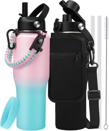 Insulated Water Bottle 40 oz - Fits in any Car Cup Holder, Keep Cold 48H Hot 24H, Stainless Steel Waterbottle Double Wall Flask with Straw, Pop-up Spout Lid, Paracord Handle, Carrier Bag