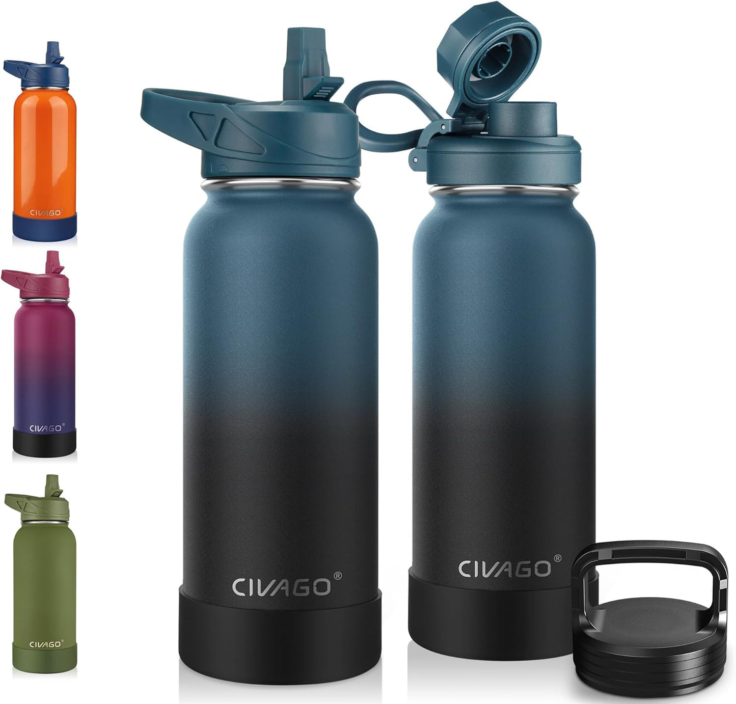 CIVAGO 32 oz Insulated Water Bottle With Straw, Stainless Steel Sports Water Cup Flask with 3 Lids (Straw, Spout and Handle Lid), Wide Mouth Travel Thermal Mug, Black