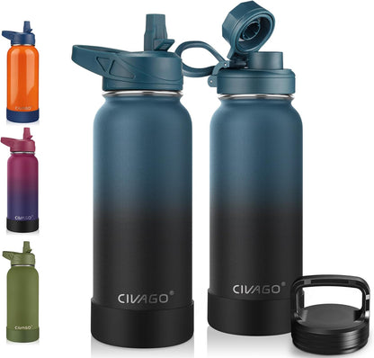 CIVAGO 32 oz Insulated Water Bottle With Straw, Stainless Steel Sports Water Cup Flask with 3 Lids (Straw, Spout and Handle Lid), Wide Mouth Travel Thermal Mug, Black