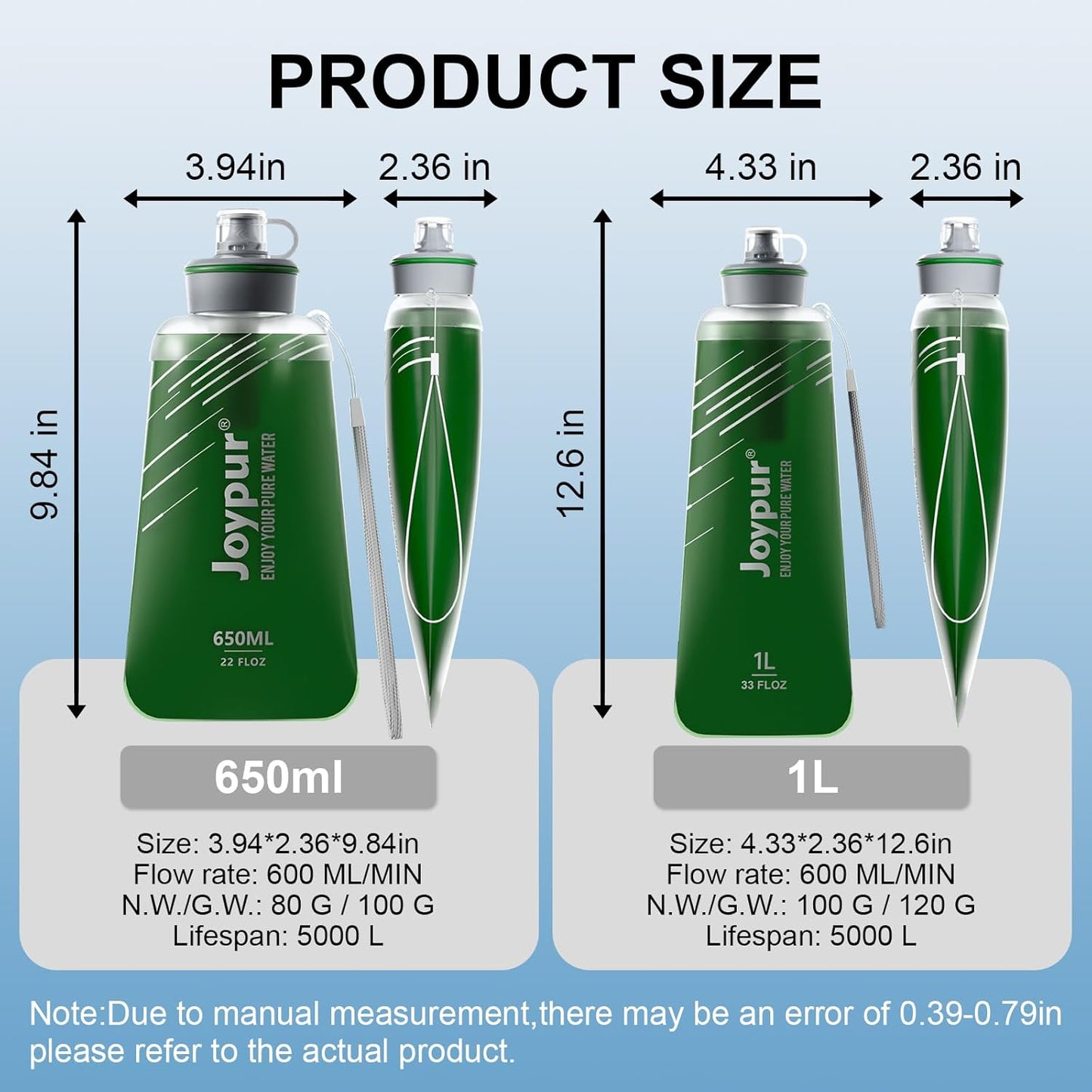 Water Filter Survival - Collapsible Water Bottle with Filter 0.01 Micron Squeeze Filtered Water Bottle 22oz for Hiking Backpacking Camping BPA-Free(White 650ml)