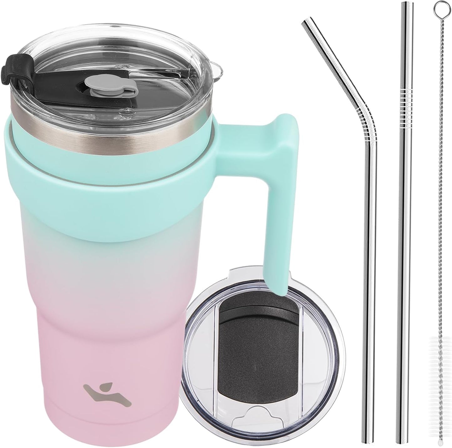 Konokyo 20 oz Tumbler with Handle and 2 Straw 2 Lid, Insulated Water Bottle Stainless Steel Vacuum Cup Reusable Travel Mug,Black