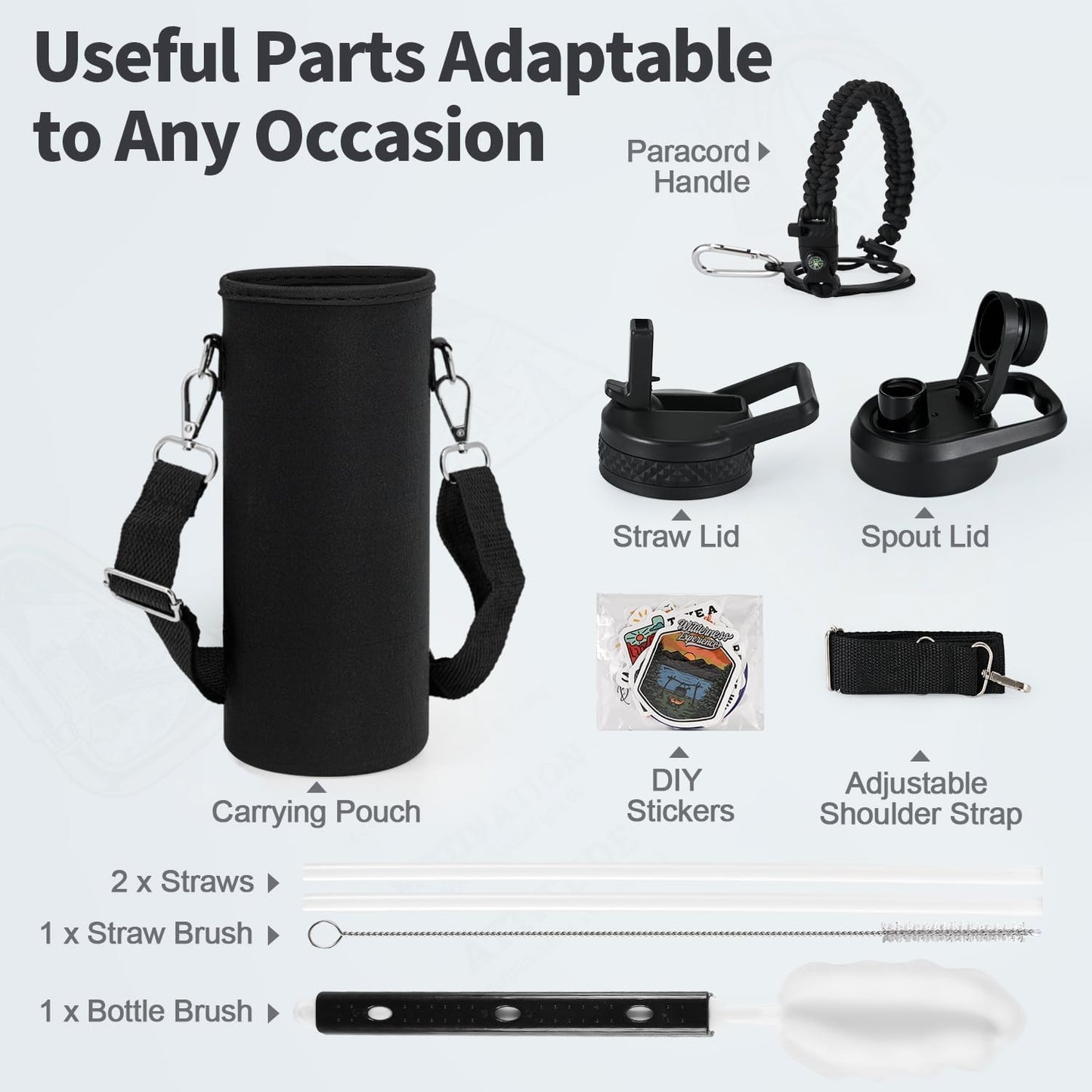 WixByti 40 oz Insulated Water Bottle with Straw (Cold for 36 Hrs), Stainless Steel Triple Wall Vacuum Sports Water Jug, Leakproof Hydro Cup Flask with Paracord Handle & Straw Spout Lids & DIY Stickers