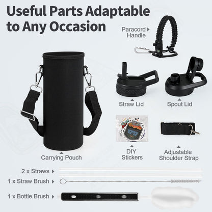 WixByti 40 oz Insulated Water Bottle with Straw (Cold for 36 Hrs), Stainless Steel Triple Wall Vacuum Sports Water Jug, Leakproof Hydro Cup Flask with Paracord Handle & Straw Spout Lids & DIY Stickers
