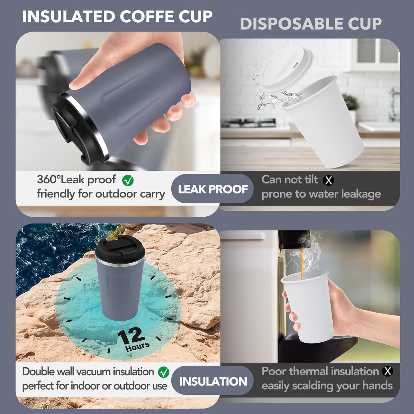 Volhoply 12 oz Double Wall Insulated Vacuum Travel Coffee Mugs with Flip Lid Bulk 2 Pack,Reusable Stainless Steel Leak Proof Coffee Cup,Portable Cafe Thermal Tumbler for Hot & Cold Drinks(Mix,2 Set)