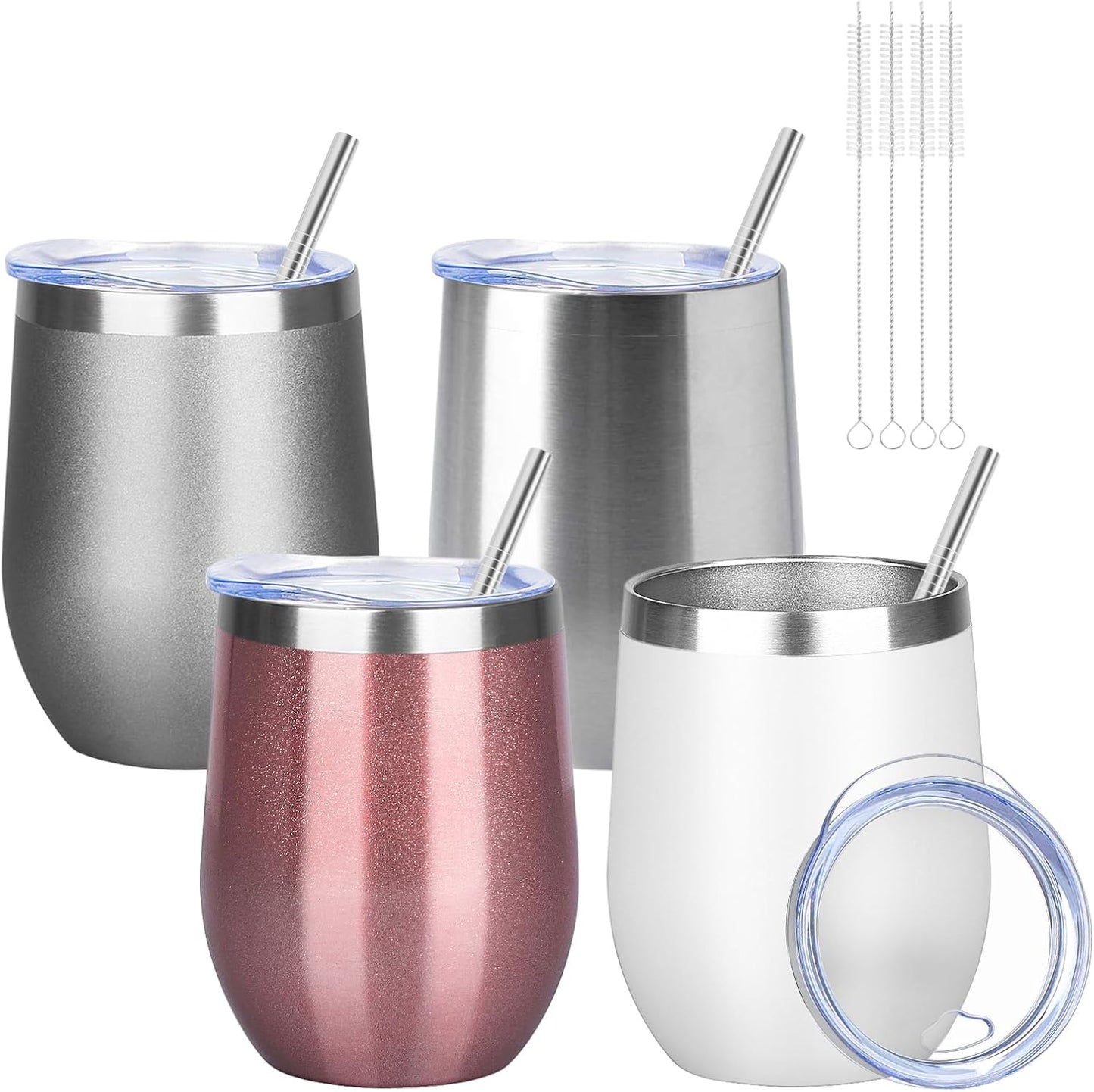 12oz/4 Pack Wine Tumbler Glasses with Lid Stemless Double Wall Vacuum Stainless Steel Travel Tumbler Keeping Cold & Hot for Wine,Coffee,Cocktails,Drinks-Family and Gifts (Multi color-dark)