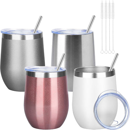 12oz/4 Pack Wine Tumbler Glasses with Lid Stemless Double Wall Vacuum Stainless Steel Travel Tumbler Keeping Cold & Hot for Wine,Coffee,Cocktails,Drinks-Family and Gifts (Multi color-dark)