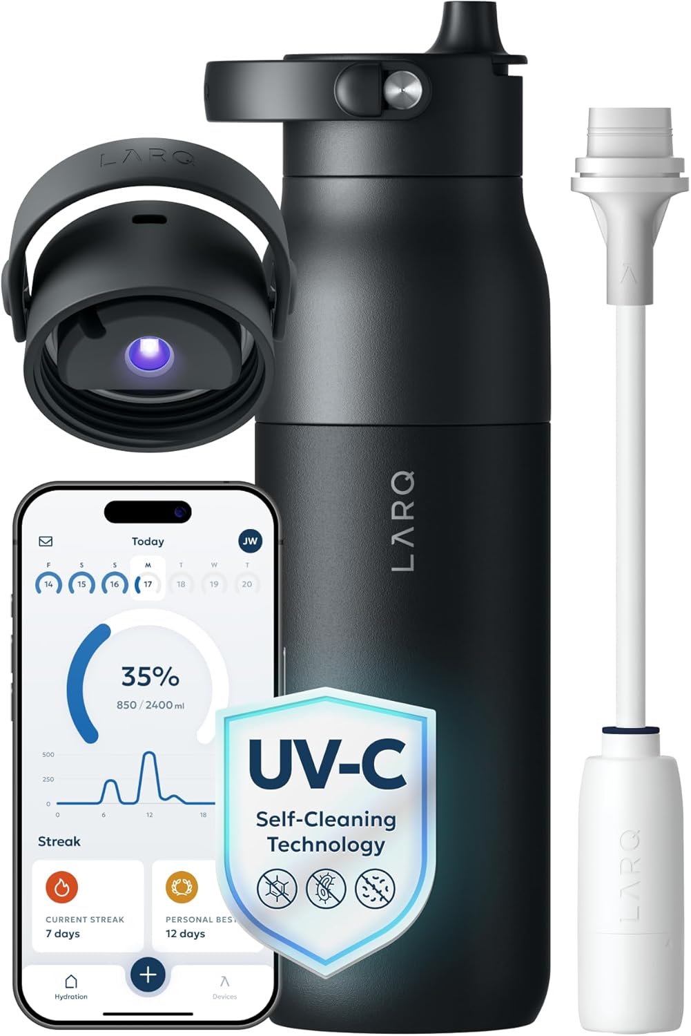 LARQ PureVis 2 Self Cleaning Water Bottle - UV Water Purifier with Filter Straw, Smart App Hydration Tracking, Insulated Stainless Steel