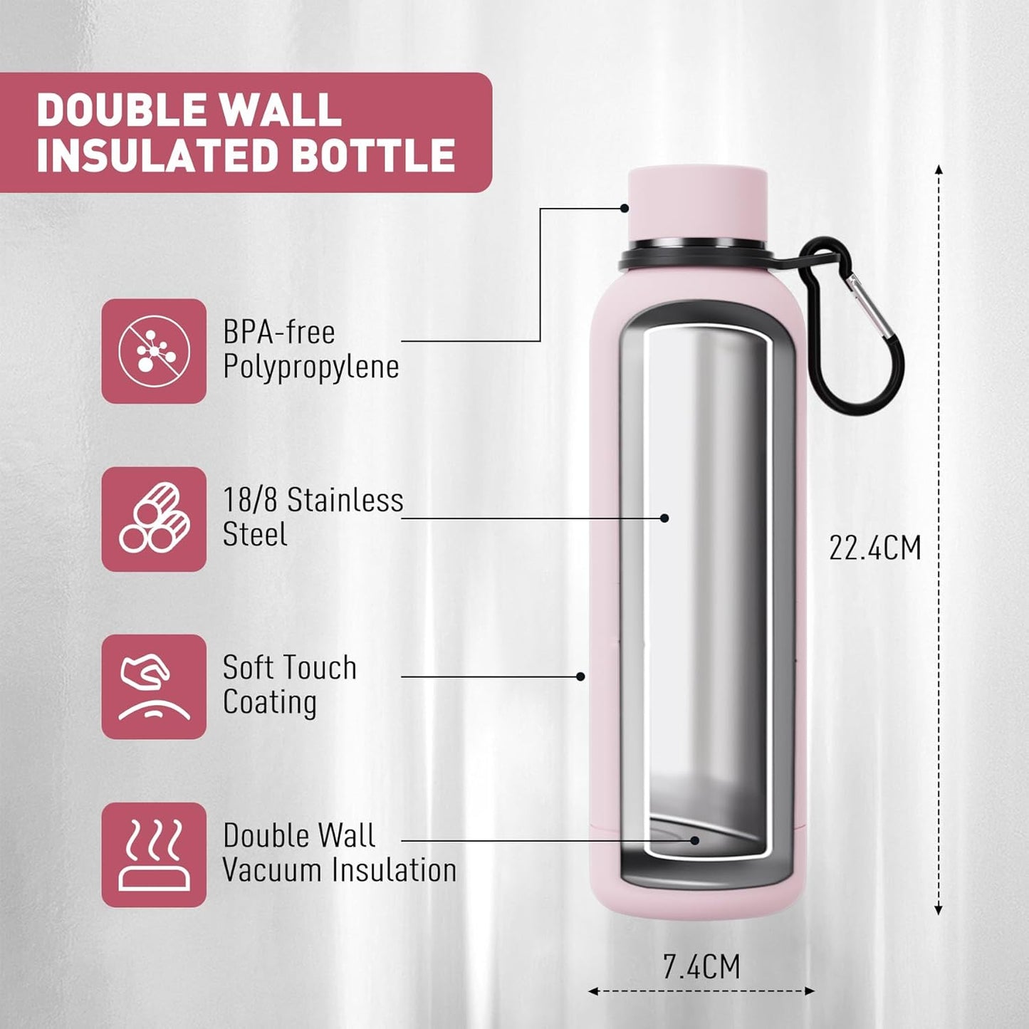 Exllena Slim Insulated Water Bottles for Travel 18oz with Clip, Double Wall Vacuum Stainless Steel Water Bottle Keeps Drinks Cold 24 Hrs/Hot 12 Hrs, 100% Leakproof, BPA Free(Black)