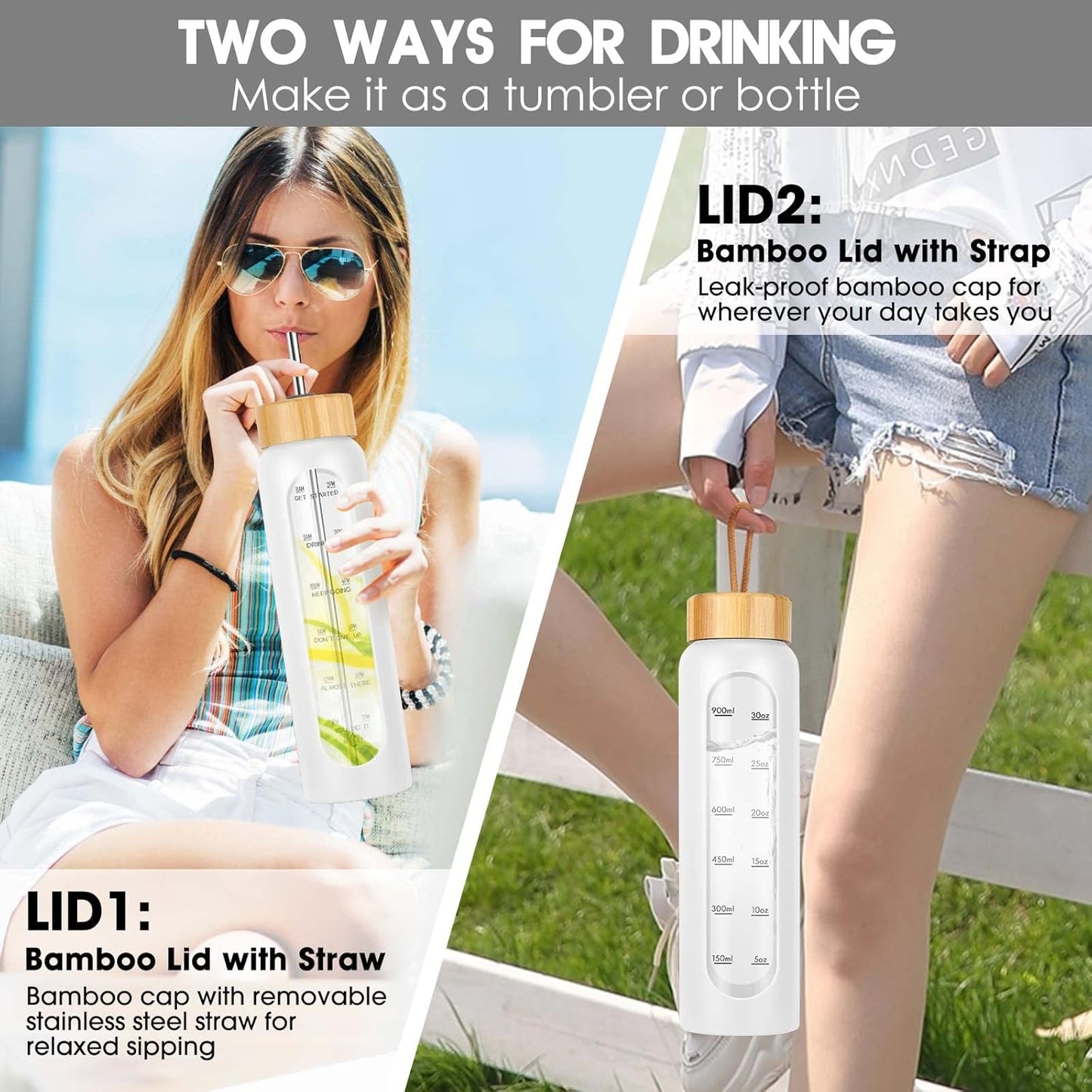 SipZest 32 oz Glass Water Bottle with Straw - Motivational Time Marker & Silicone Sleeve - Reusable Tumbler Includes 2 Bamboo Lids & Fruit Infuser - 1 Pack
