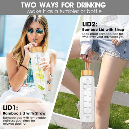 SipZest 32 oz Glass Water Bottle with Straw - Motivational Time Marker & Silicone Sleeve - Reusable Tumbler Includes 2 Bamboo Lids & Fruit Infuser - 1 Pack