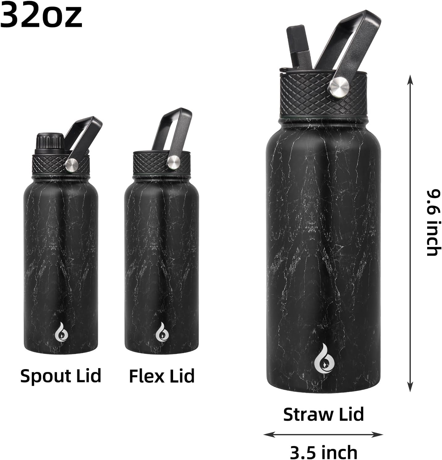 BJPKPK Insulated Water Bottles with Straw Lid, 40oz Stainless Steel Water Bottles with 3 Lids, BPA Free Leakproof Thermo, Tumblers, Cups for Sports, Gym- Midnight - Colors A