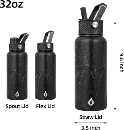 BJPKPK Insulated Water Bottles with Straw Lid, 40oz Stainless Steel Water Bottles with 3 Lids, BPA Free Leakproof Thermo, Tumblers, Cups for Sports, Gym- Midnight - Colors A