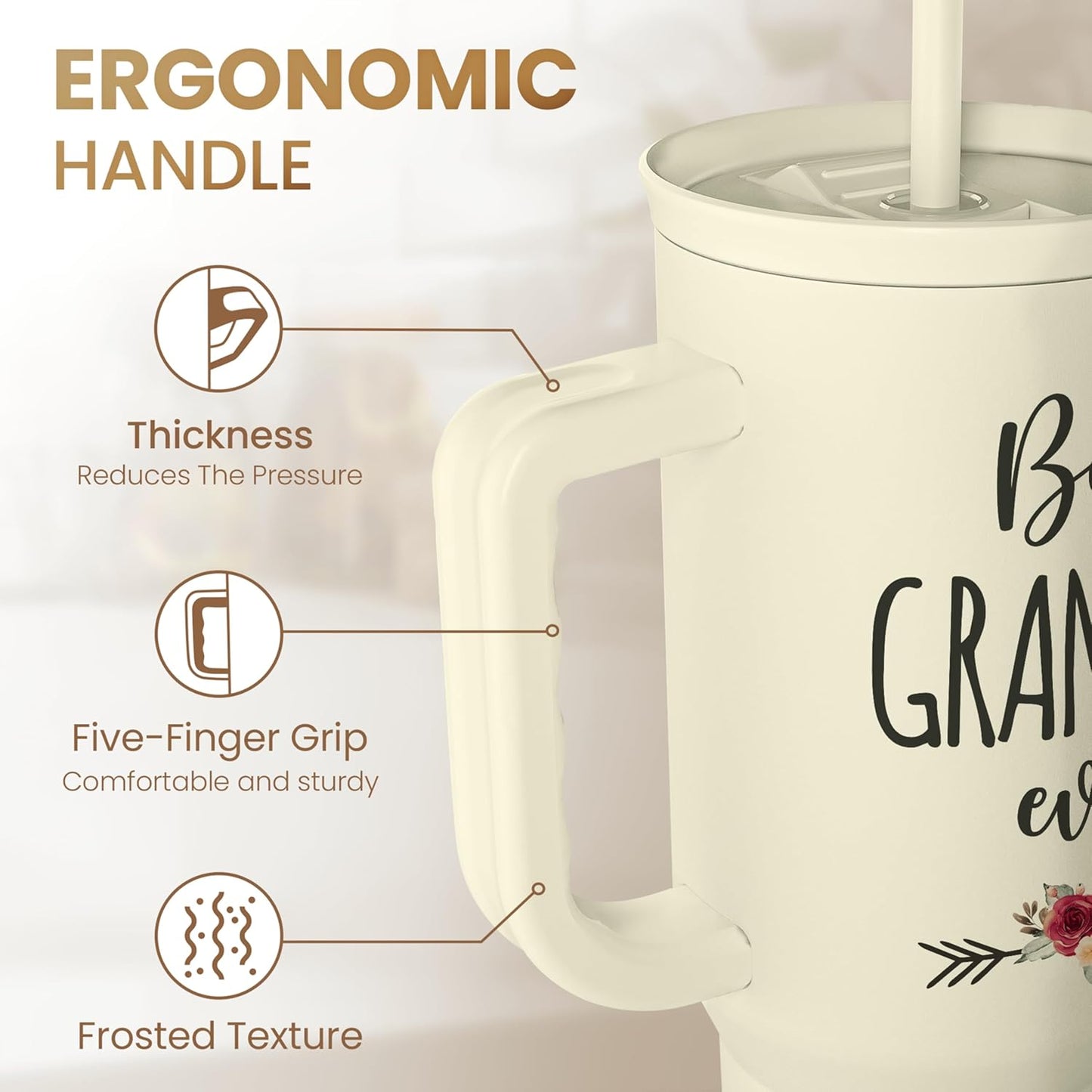 Floral Tumbler with Handle 40oz, Stainless Steel Insulated Tumblers Coffee Travel Mug Cup with Straw, Flower Coffee Cup Gifts for Women Girls, Gift for Her on Christmas Birthday Mothers Day