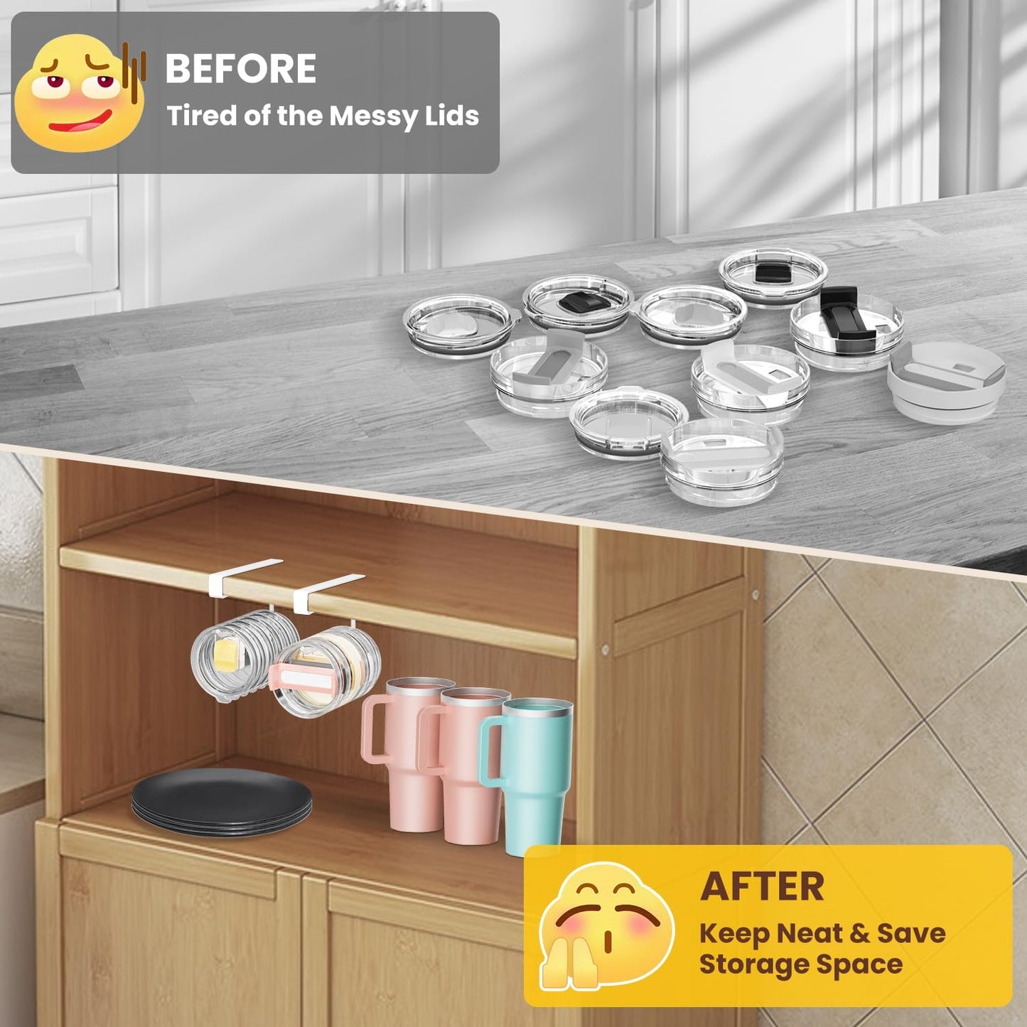 2 Pack Tumbler Lid Organizer, Under Cabinet Cup Lid Holder for Yeti Insulated Mug/Stanley Insulated Mug/Simple Modern Insulated Mug Lid, No Gluing, No Drilling, Up to 10 Lids (Black)