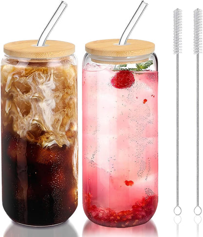 Glass Cups with Lids and Straws Set of 2 - Iced Coffee Cups with Lids for Cold Brew and Beer, 20 oz Can Shaped Glass with Bamboo Lids and Straws - Aesthetic Coffee Bar Gift for Coffee Lovers