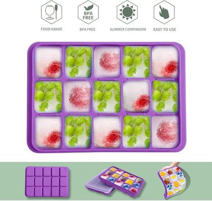 Ice Cube Trays Set of 2, Easy Release 15 Flexible Silicone Ice Cube Molds with Removable Lid Reusable Freezer Ice Trays Stackable for Whiskey, Baby Food, BPA Free (BAMBOO GREEN)