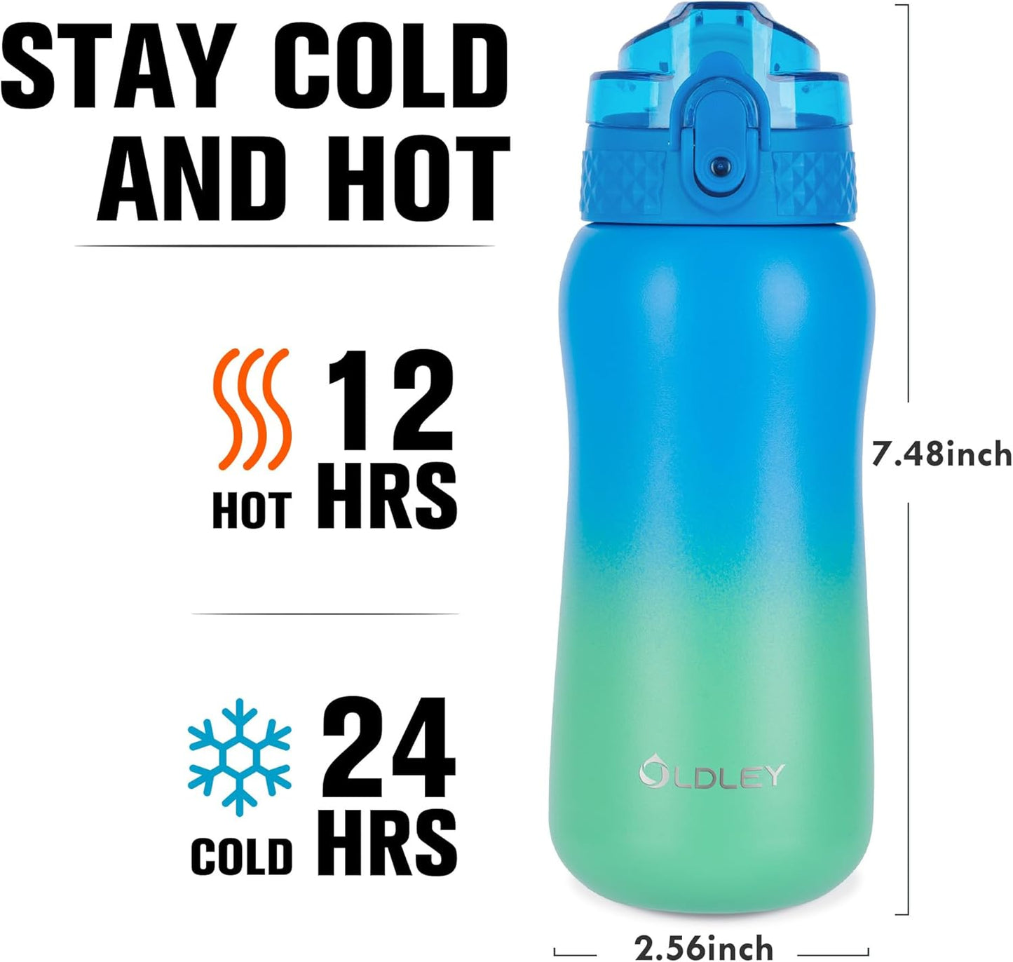 Oldley Insulated Water Bottle 20oz for Adults Kids Stainless Steel Water Bottles with Straw/Chug/Carabiner 3 Lids Fruit Strainer Double Wall Vacuum Wide Mouth BPA Free Leak-Proof for School Travel