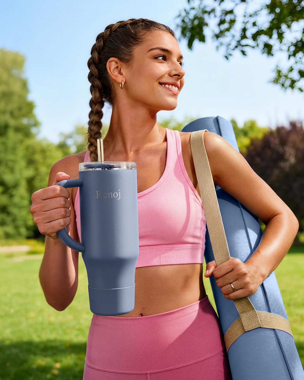 Renoj Insulated Mug 100% Leak Proof Insulated Water Bottle for Iced Coffee & Hot Drinks - Fits Car Cup Holder, Ideal Gift, 2 Straws & Silicone Boot - SnapShift Pink 32 oz