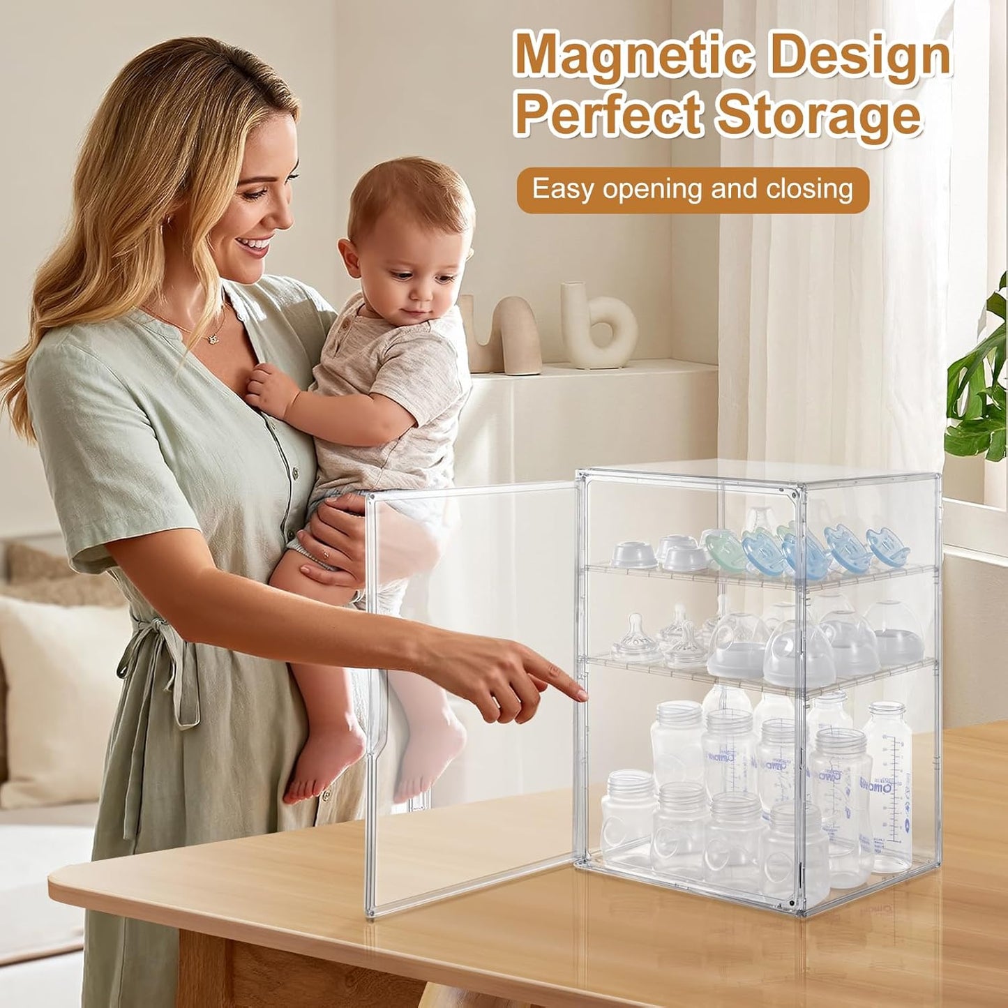 ERTIUANIO Baby Bottle Organizer – 3 Tier Bottle Storage Organizer Baby for Nipples, Pump Parts, Food Jars – Clear Acrylic Bottle Station Organizer for Countertop and Kitchen, Gifts for New Mom