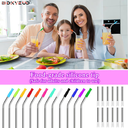 Reusable Stainless Steel Straws Set 6 PCS with 6 Silicone Tips, 2 Straw Brush, 1 Storage Case, Different Sizes of Metal Straws Reusable, Suitable for 14, 20, 30 oz Cups Tumbler, for Hot/Cold Drinks