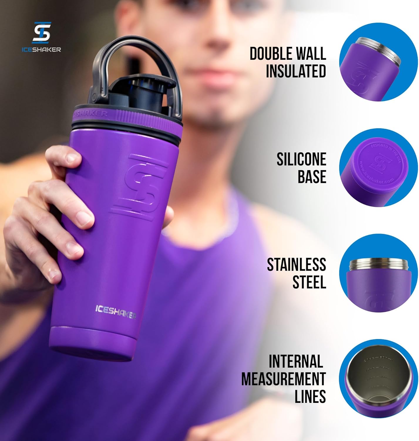 Ice Shaker Insulated Stainless Steel Shaker Bottle | 26oz, Black | Cold for 30+ Hours | Insulated Cup with Twist-on Agitator | Odor-Free Bottle for Protein Shakes, Water, Smoothies, Cocktails