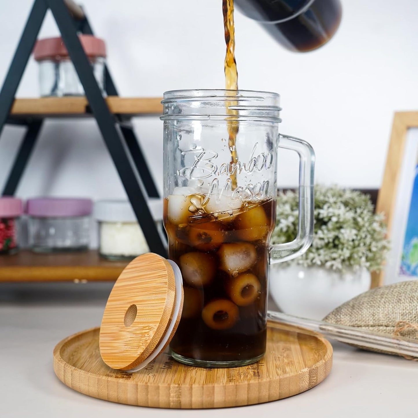 ANOTION Bamboo Mason Leakproof Mason Jar Cups with Lids and Straws, Cap Cup 24oz Glass Tumbler with Handle, Rotating Lid Silicone Straw, Reusable Iced Coffee Matcha Cup Coffee Gifts for Women 2pc
